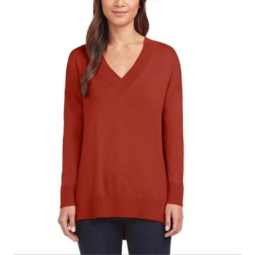 Matty M Women's V Neck Pullover Sweater with Side Slits NEW